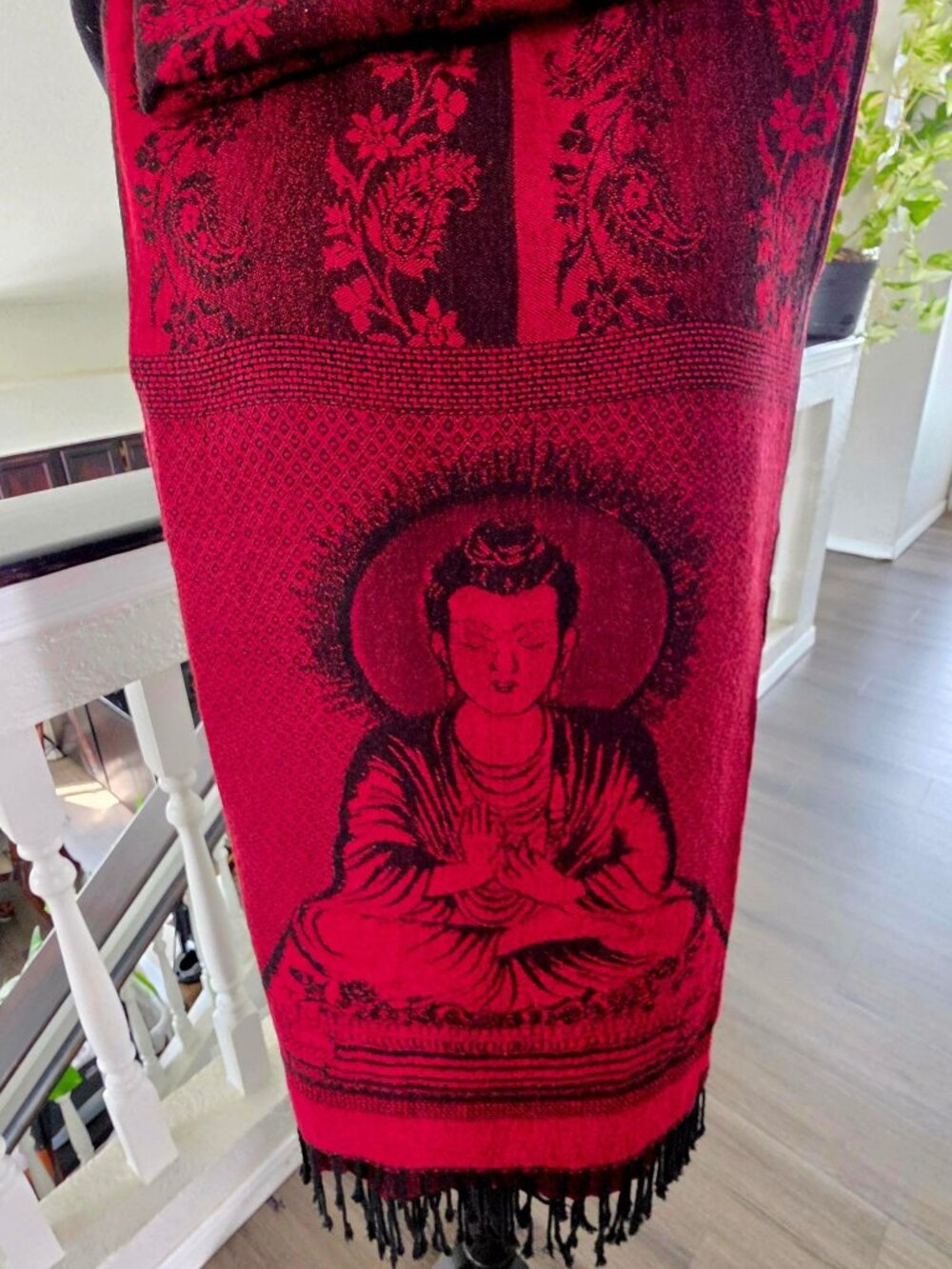 Buddha Pattern Red & Black Rayon Shawl Scarf Wrap With Fringe - 70" x 26" - Picture 6 of 12